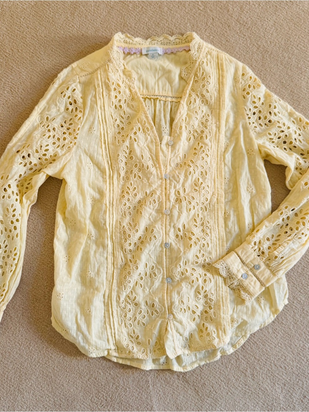 Sundance Valeria Butter Yellow Eyelet Embroidered Button-Front Women's Top Small